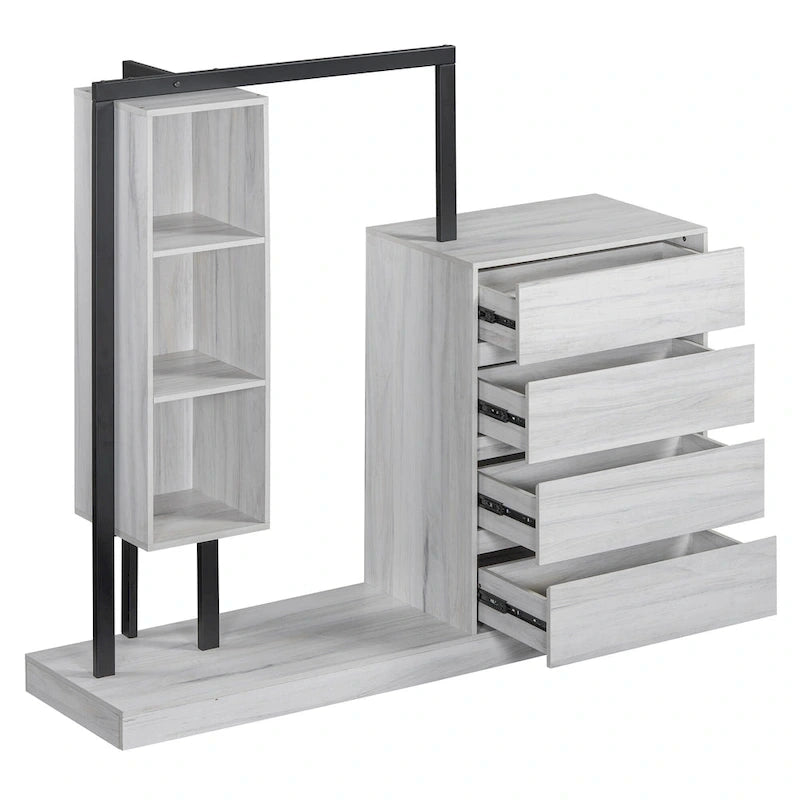 Open Wardrobe Closet with 4 Drawers, 3 Shelves & Hanging Rod Freestanding Wooden Armoire Closet for Bedroom