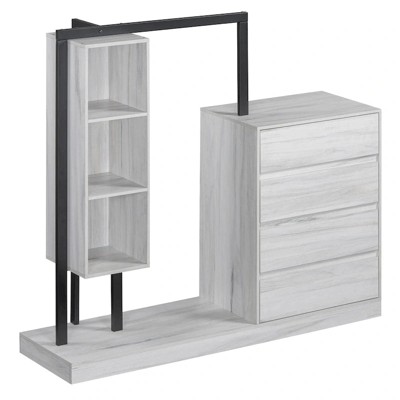 Open Wardrobe Closet with 4 Drawers, 3 Shelves & Hanging Rod Freestanding Wooden Armoire Closet for Bedroom