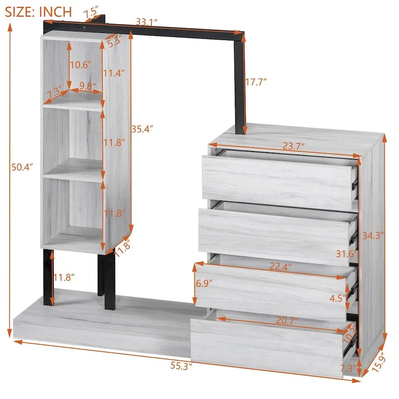 Open Wardrobe Closet with 4 Drawers, 3 Shelves & Hanging Rod Freestanding Wooden Armoire Closet for Bedroom