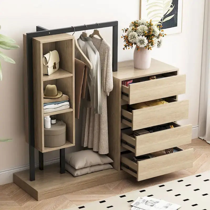 Open Wardrobe Closet with 4 Drawers, 3 Shelves & Hanging Rod Freestanding Wooden Armoire Closet for Bedroom