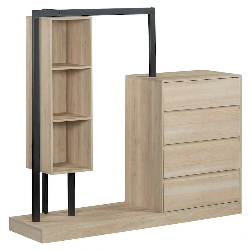 Open Wardrobe Closet with 4 Drawers, 3 Shelves & Hanging Rod Freestanding Wooden Armoire Closet for Bedroom