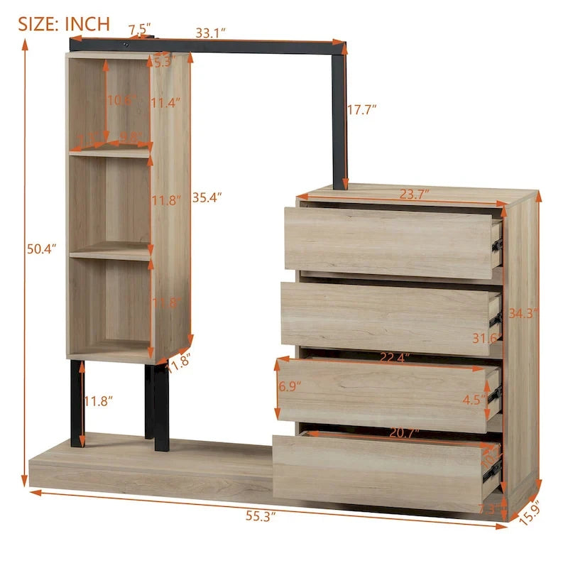 Open Wardrobe Closet with 4 Drawers, 3 Shelves & Hanging Rod Freestanding Wooden Armoire Closet for Bedroom