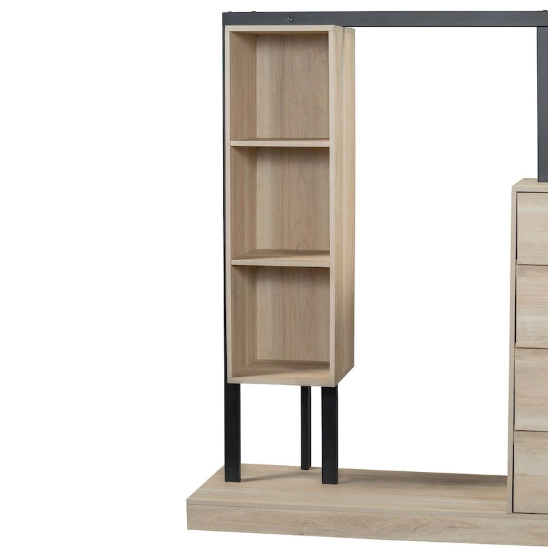Open Wardrobe Closet with 4 Drawers, 3 Shelves & Hanging Rod Freestanding Wooden Armoire Closet for Bedroom