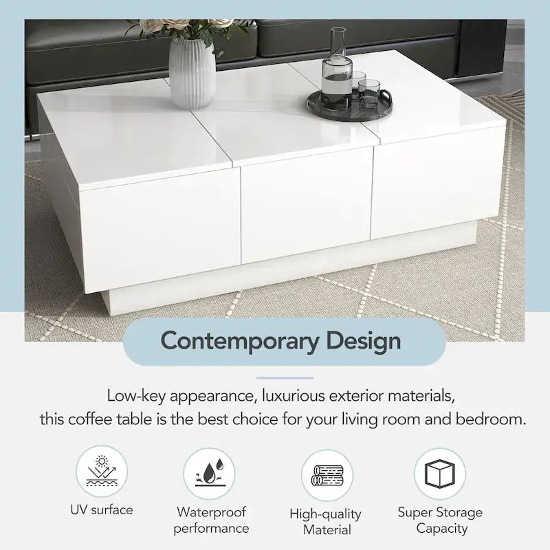 Modern Stylish Coffee Table Extendable Coffee Table with 2 Large Storage Compartments 2 Drawers, for Living Room