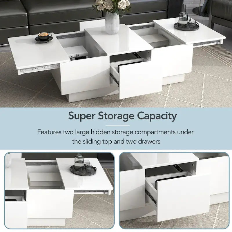 Modern Stylish Coffee Table Extendable Coffee Table with 2 Large Storage Compartments 2 Drawers, for Living Room