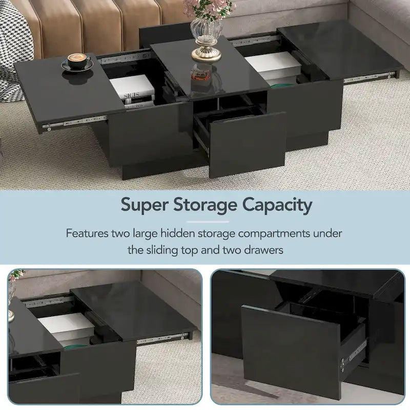 Modern Stylish Coffee Table Extendable Coffee Table with 2 Large Storage Compartments 2 Drawers, for Living Room