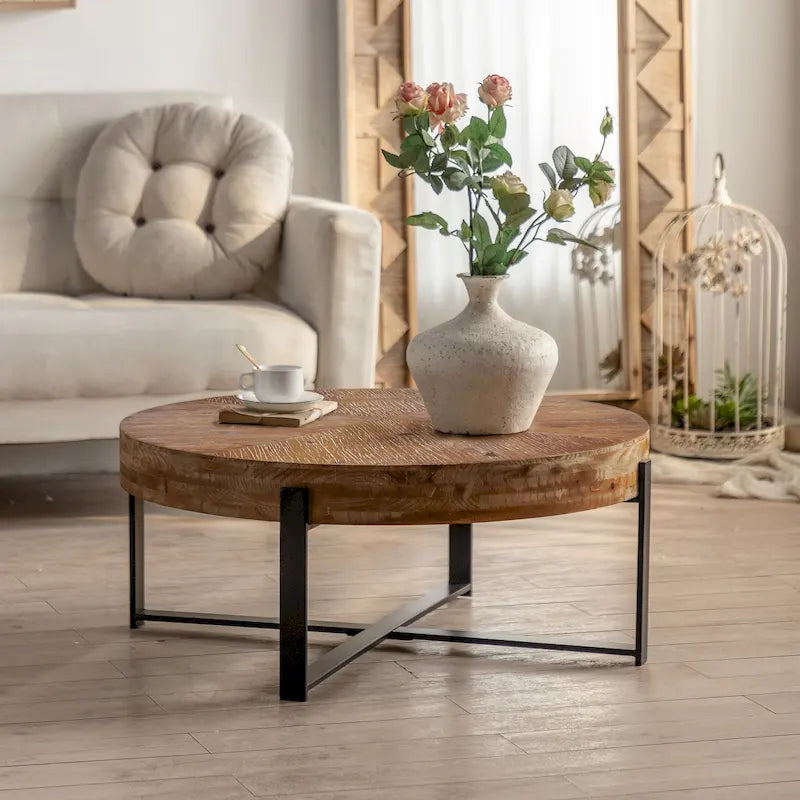 Modern Retro Stitching Round Coffee Table With Fir Wood Tabletop Black Cross Leg Base, for Living Room