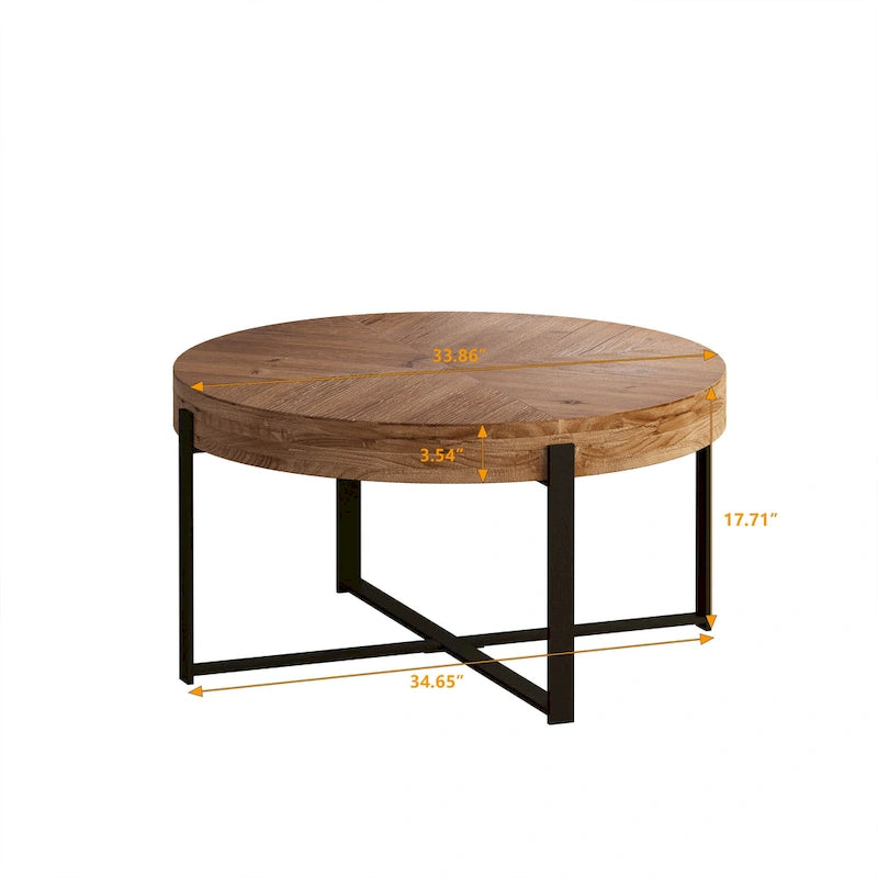 Modern Retro Stitching Round Coffee Table With Fir Wood Tabletop Black Cross Leg Base, for Living Room