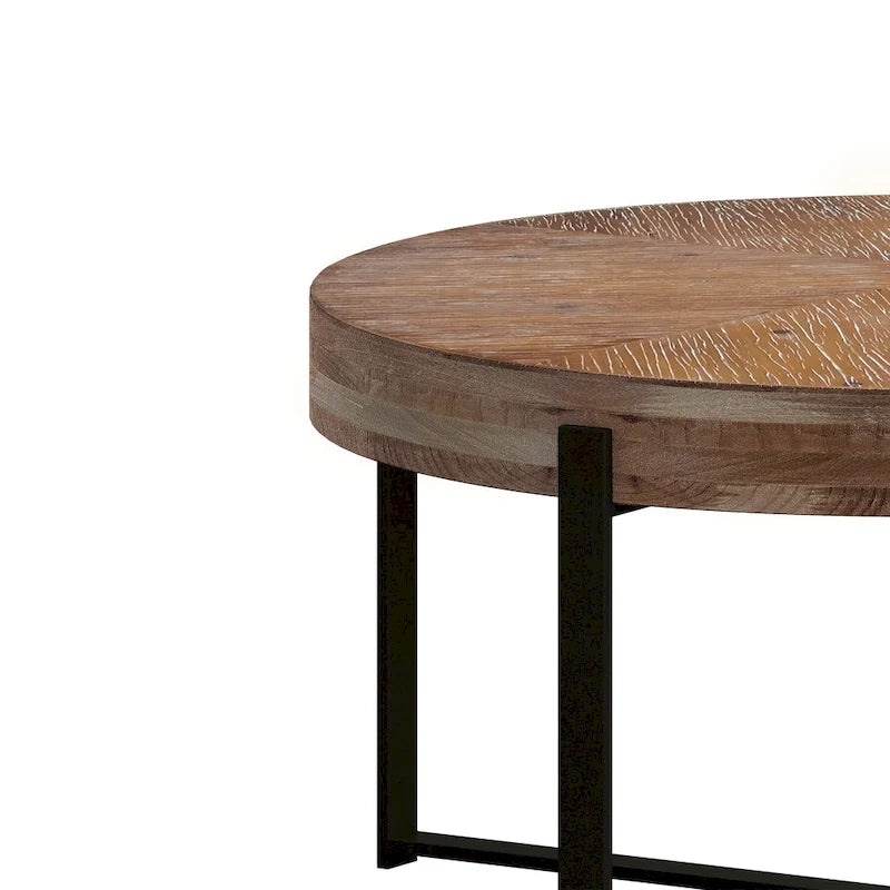 Modern Retro Stitching Round Coffee Table With Fir Wood Tabletop Black Cross Leg Base, for Living Room