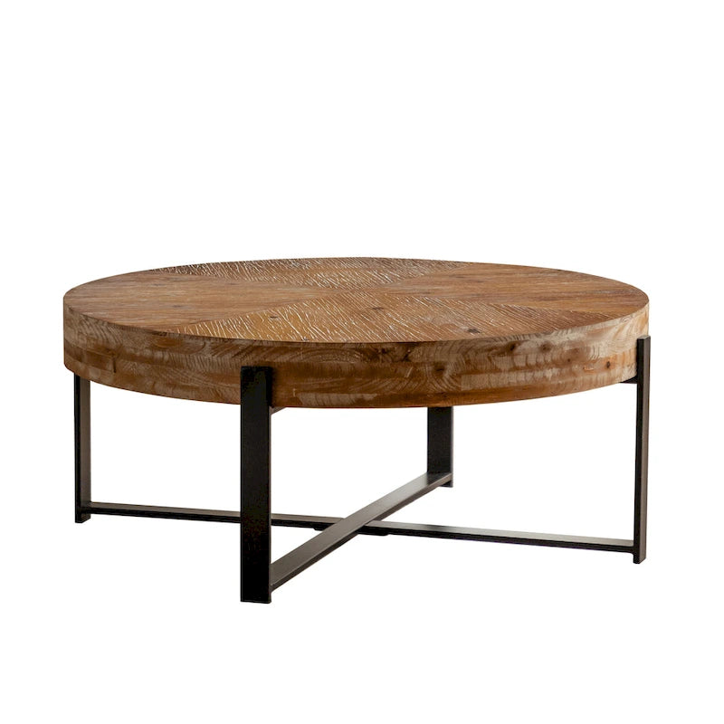 Modern Retro Stitching Round Coffee Table With Fir Wood Tabletop Black Cross Leg Base, for Living Room