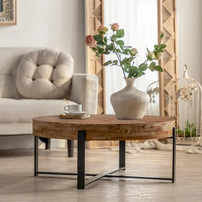 Modern Retro Stitching Round Coffee Table With Fir Wood Tabletop Black Cross Leg Base, for Living Room