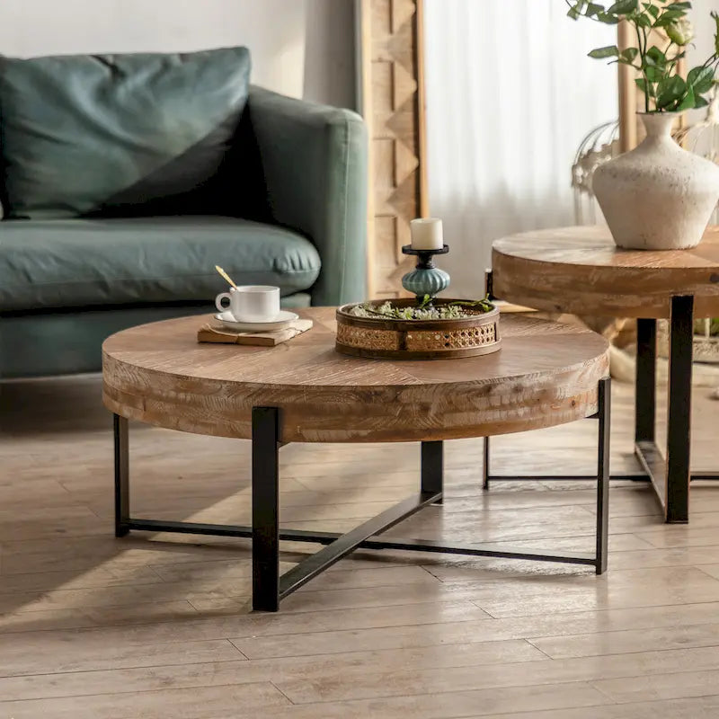 Modern Retro Stitching Round Coffee Table With Fir Wood Tabletop Black Cross Leg Base, for Living Room