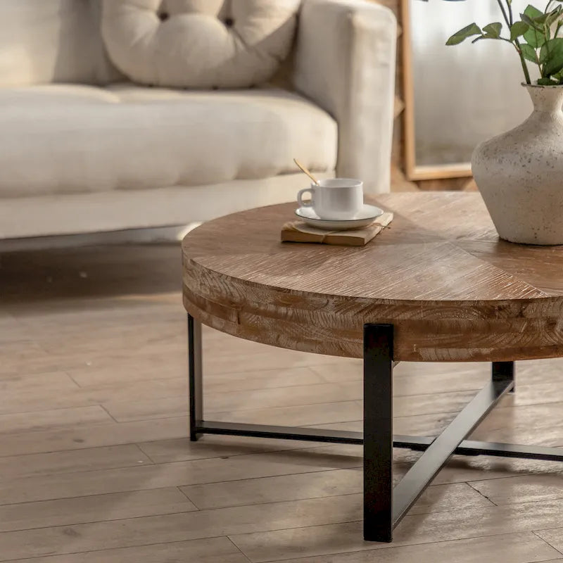 Modern Retro Stitching Round Coffee Table With Fir Wood Tabletop Black Cross Leg Base, for Living Room