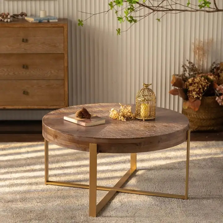 Modern Retro Stitching Round Coffee Table With Fir Wood Tabletop Black Cross Leg Base, for Living Room