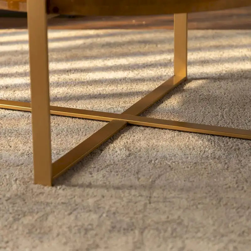 Modern Retro Stitching Round Coffee Table With Fir Wood Tabletop Black Cross Leg Base, for Living Room