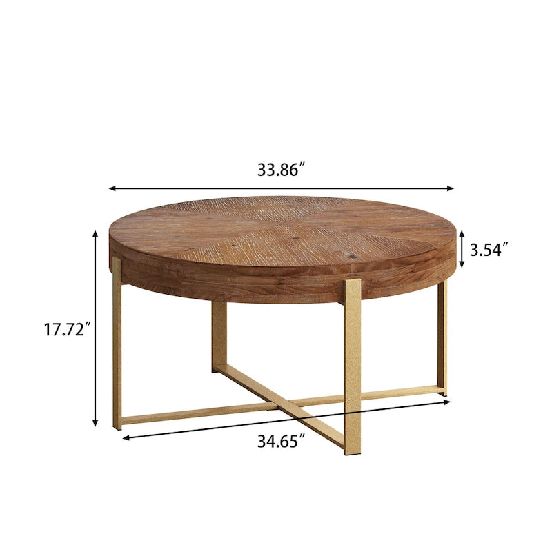 Modern Retro Stitching Round Coffee Table With Fir Wood Tabletop Black Cross Leg Base, for Living Room