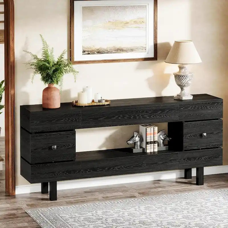 Table console de 180 cm avec tiroirs de rangement, table d'entrée rustique à 2 niveaux avec étagère de présentation