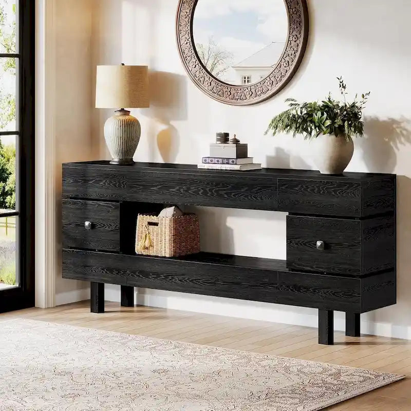 Table console de 180 cm avec tiroirs de rangement, table d'entrée rustique à 2 niveaux avec étagère de présentation