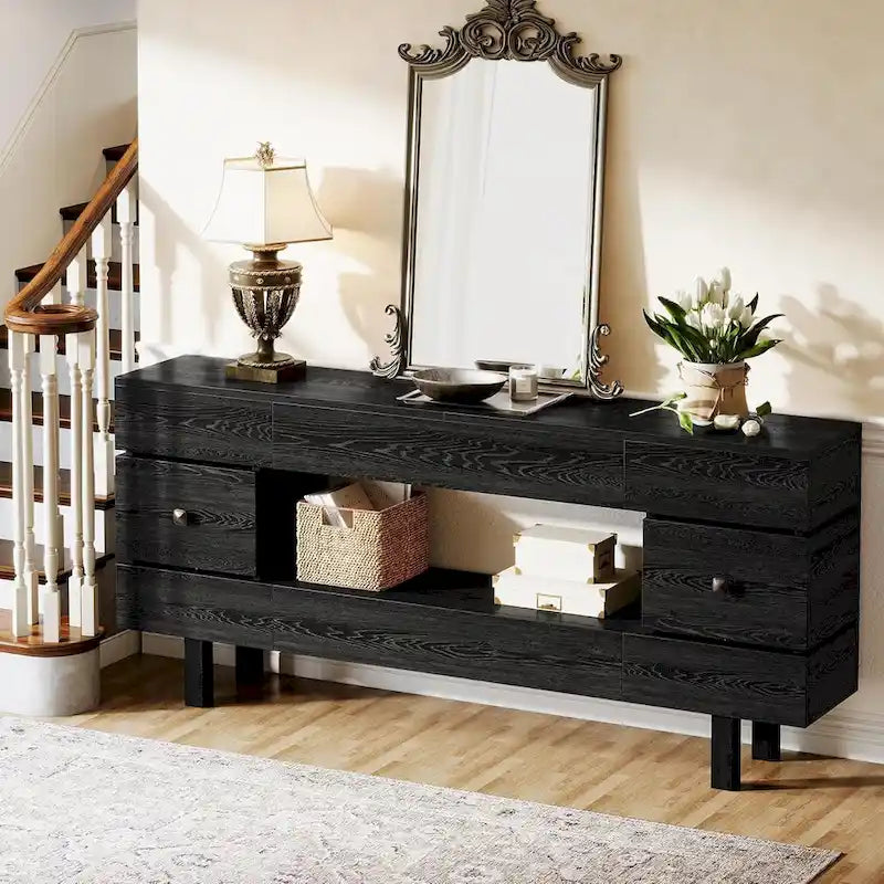 Table console de 180 cm avec tiroirs de rangement, table d'entrée rustique à 2 niveaux avec étagère de présentation