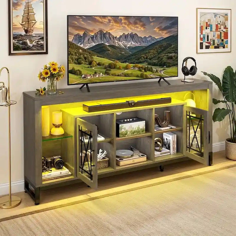 33.5 Tall TV Stand for 75 TV with LED Lights & Power Outlets - 73 inches