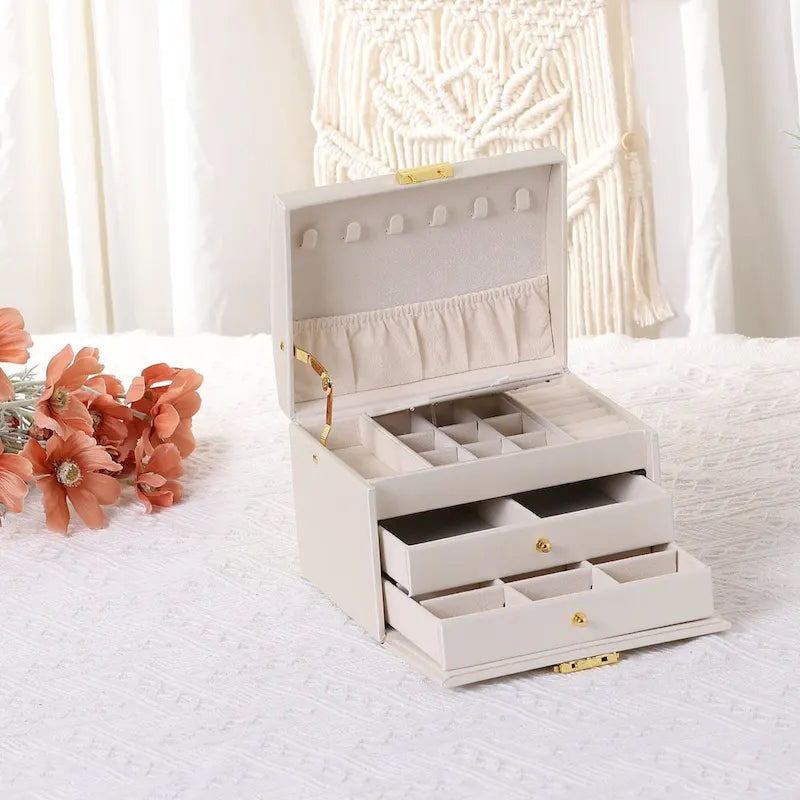 3 Layer Jewelry Box for Women, PU Leather Jewelry Organizer Case Storage Display Holder with Drawer, Removable Jewelry Tray