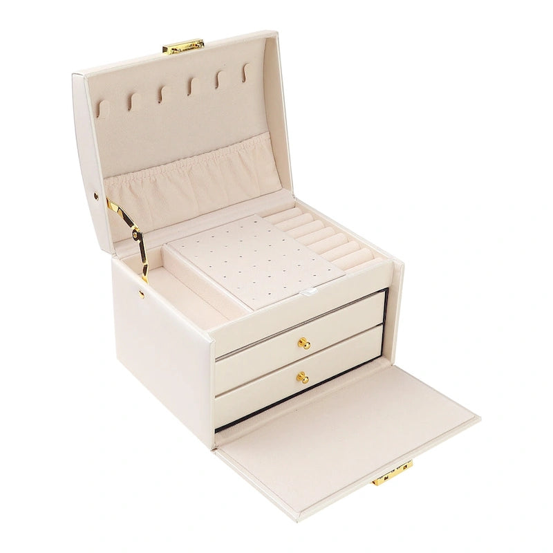 3 Layer Jewelry Box for Women, PU Leather Jewelry Organizer Case Storage Display Holder with Drawer, Removable Jewelry Tray
