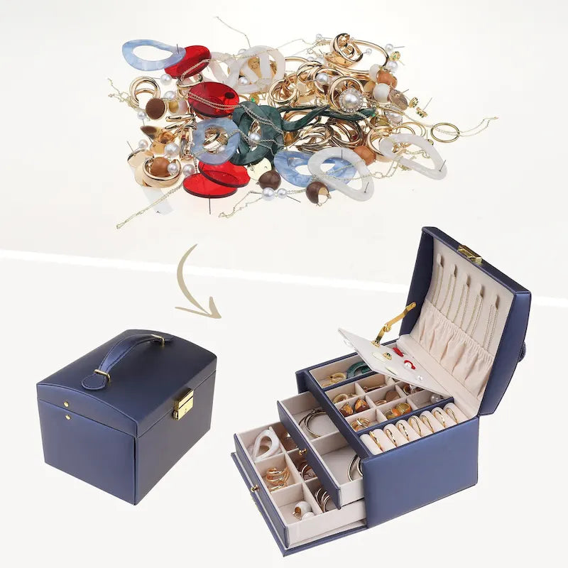 3 Layer Jewelry Box for Women, PU Leather Jewelry Organizer Case Storage Display Holder with Drawer, Removable Jewelry Tray