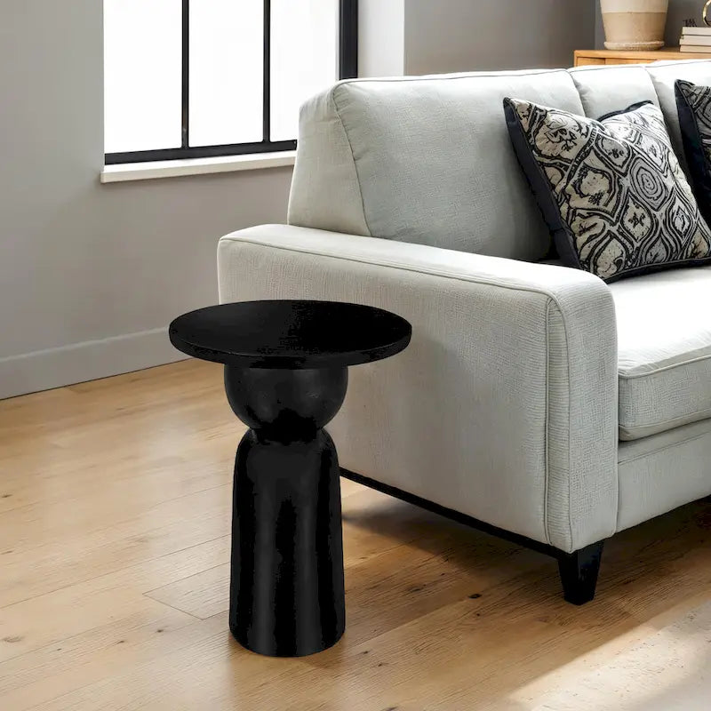 Tia 12 Inch Round Side End Table with Turned Pedestal Base, Mango Wood in Matte Black Finish