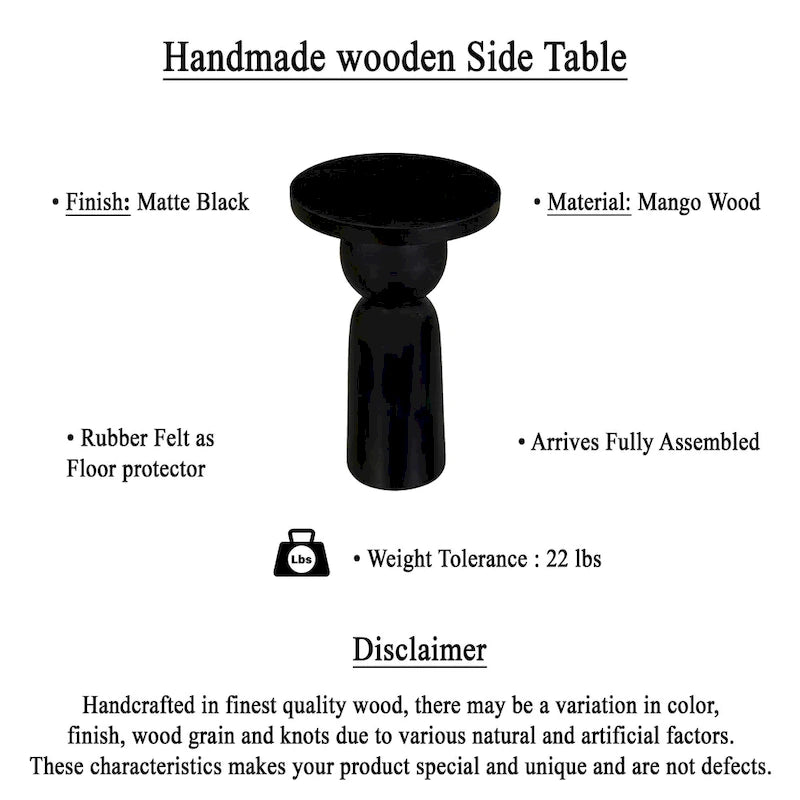 Tia 12 Inch Round Side End Table with Turned Pedestal Base, Mango Wood in Matte Black Finish