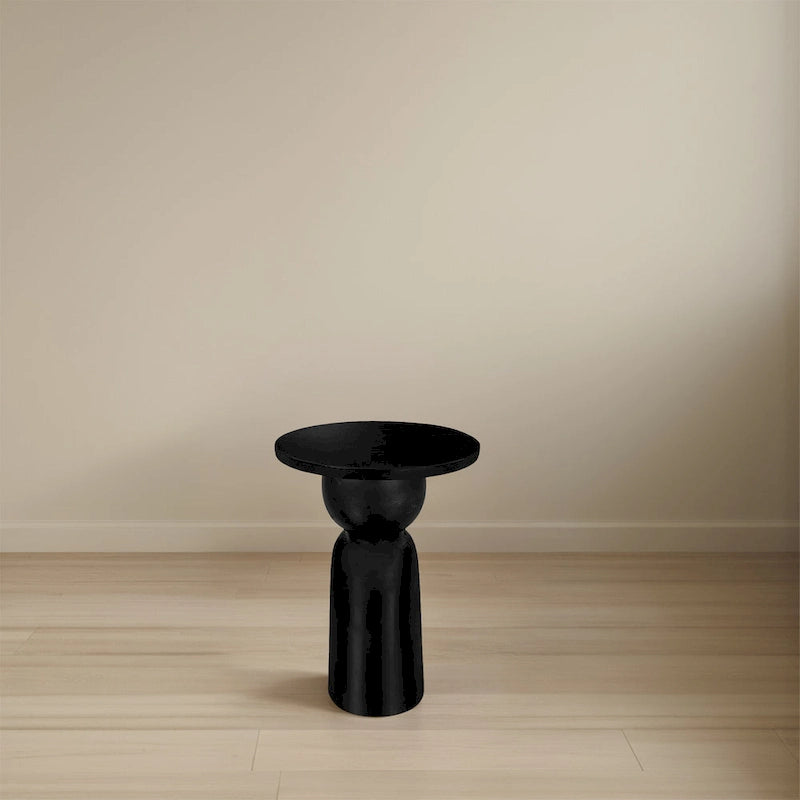 Tia 12 Inch Round Side End Table with Turned Pedestal Base, Mango Wood in Matte Black Finish