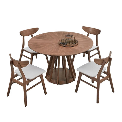 5 Pcs Solid Wood Dining Table Set, Round Kitchen Furniture Set with Wooden Pedestal Kitchen Table and 4 Upholstered Chairs
