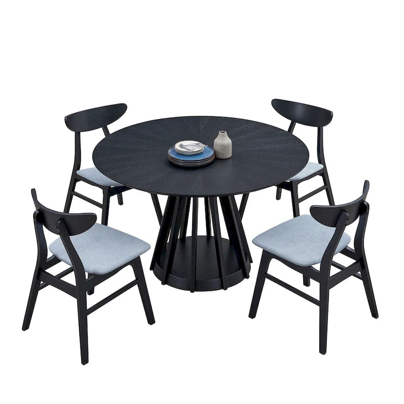 5 Pcs Solid Wood Dining Table Set, Round Kitchen Furniture Set with Wooden Pedestal Kitchen Table and 4 Upholstered Chairs