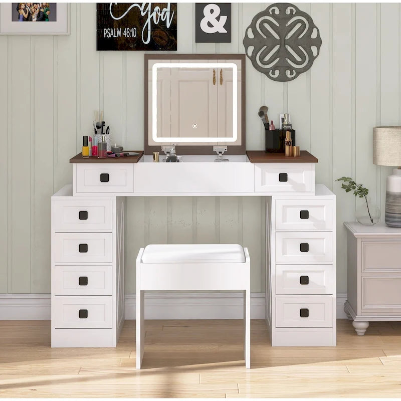 Vanity Desk with Dimmable LED Light, Makeup Table with Flip-Up Mirror, Vanity Table Set Including Stool and Drawers