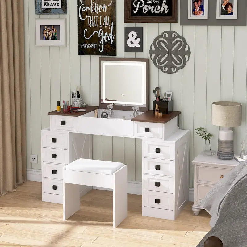 Vanity Desk with Dimmable LED Light, Makeup Table with Flip-Up Mirror, Vanity Table Set Including Stool and Drawers