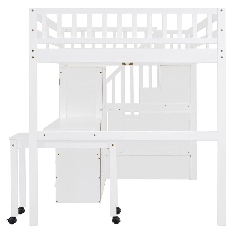 Full Size Loft Bed with Stairs, Bookshelf, Desk & Wardrobe - Space-Saving Multifunctional Furniture for Kids & Teens-White