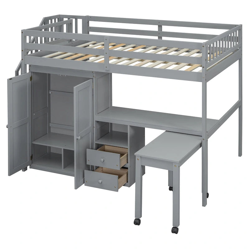 Full Size Loft Bed with Stairs, Bookshelf, Desk & Wardrobe - Space-Saving Multifunctional Furniture for Kids & Teens-White