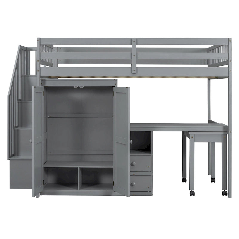 Full Size Loft Bed with Stairs, Bookshelf, Desk & Wardrobe - Space-Saving Multifunctional Furniture for Kids & Teens-White