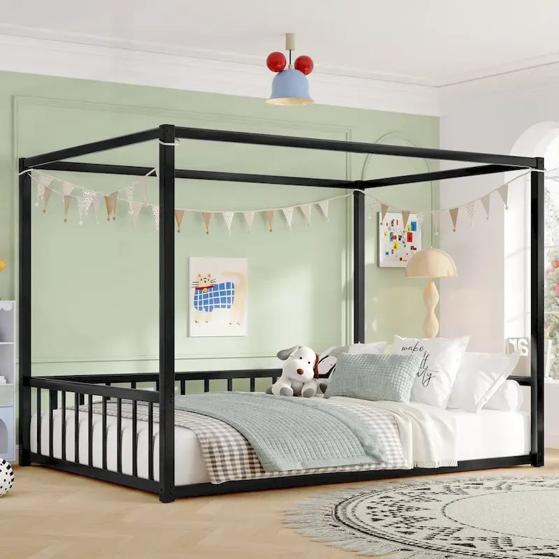 Modern Iron Double-Size Floor Bed with Multi-Functional Guardrails and Stable Structure