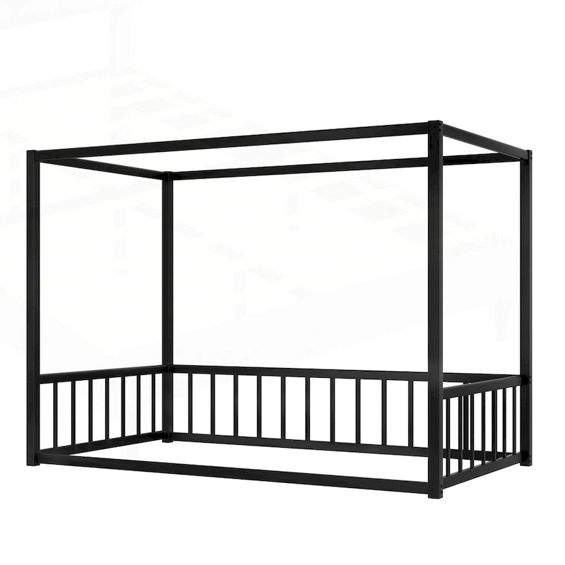 Modern Iron Double-Size Floor Bed with Multi-Functional Guardrails and Stable Structure