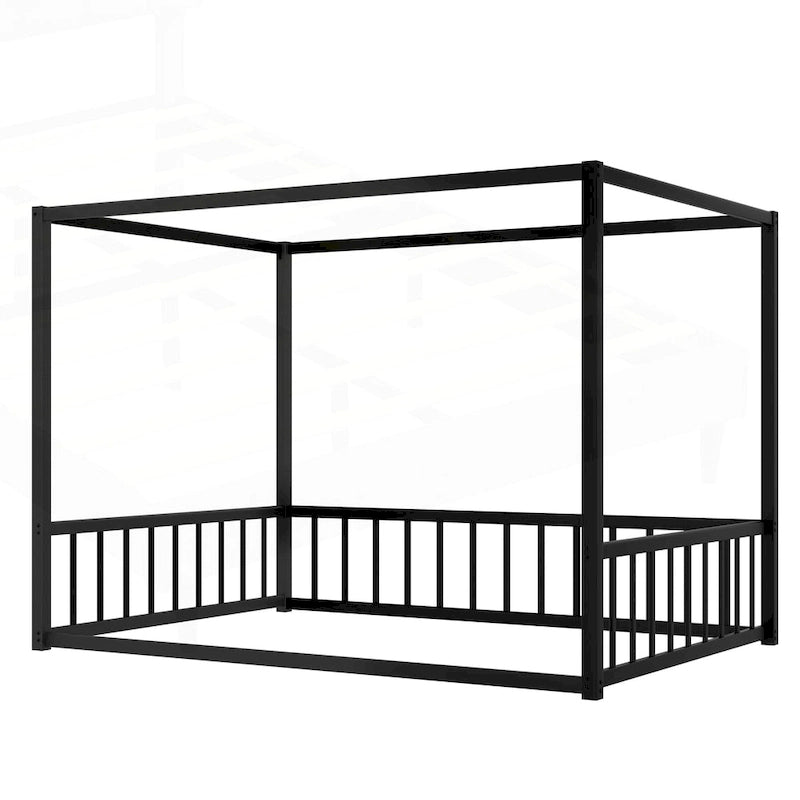 Modern Iron Double-Size Floor Bed with Multi-Functional Guardrails and Stable Structure