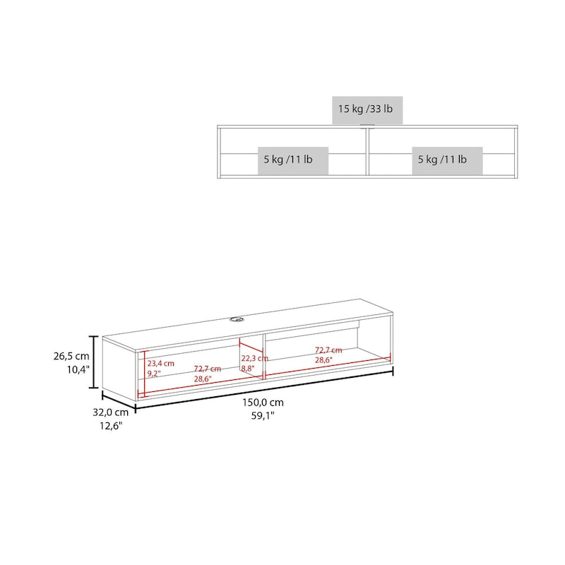 Modern TV Console Wall Mounted 59  Floating Media Stand with Shelves and Cable Management - 10.4H x 59.1W x 12.6D