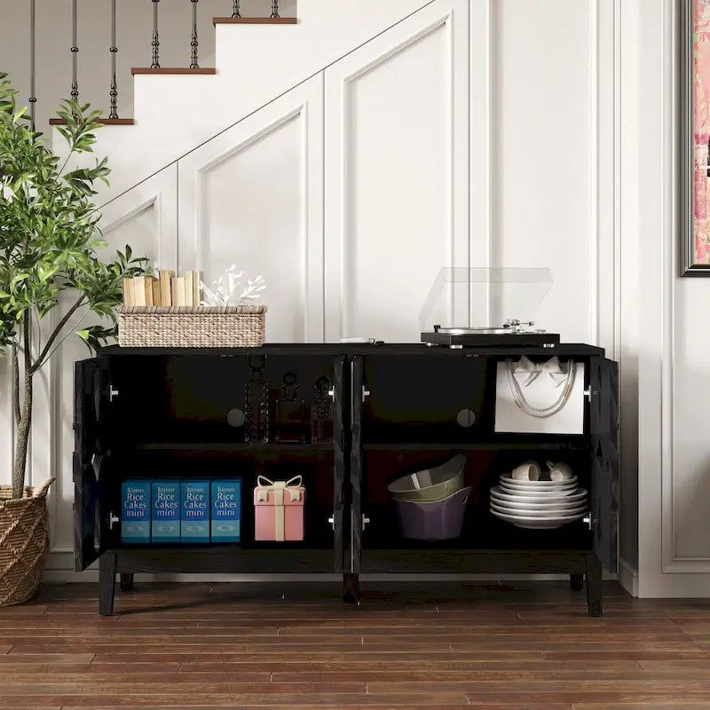 Hollow-Carved Accent Cabinet Sideboard Buffet Cabinet, 60.5  Entrance Storage Cabinet Media Console Table with 4 Doors