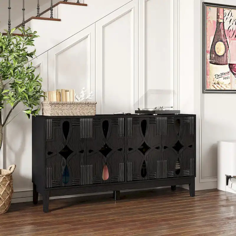 Hollow-Carved Accent Cabinet Sideboard Buffet Cabinet, 60.5  Entrance Storage Cabinet Media Console Table with 4 Doors