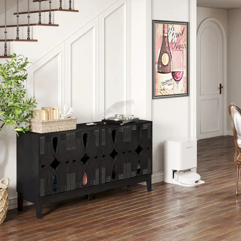 Hollow-Carved Accent Cabinet Sideboard Buffet Cabinet, 60.5  Entrance Storage Cabinet Media Console Table with 4 Doors