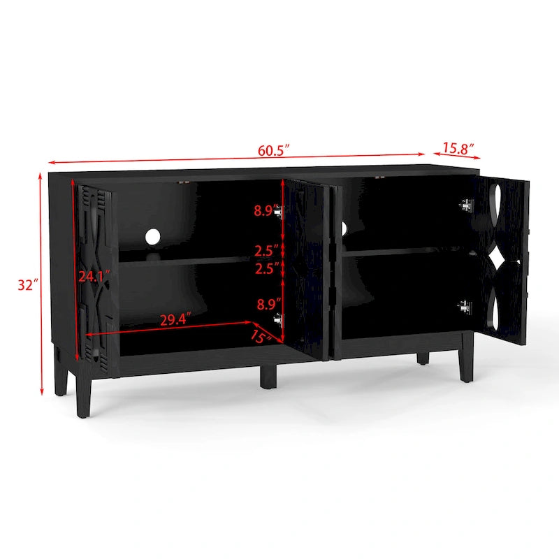 Hollow-Carved Accent Cabinet Sideboard Buffet Cabinet, 60.5  Entrance Storage Cabinet Media Console Table with 4 Doors