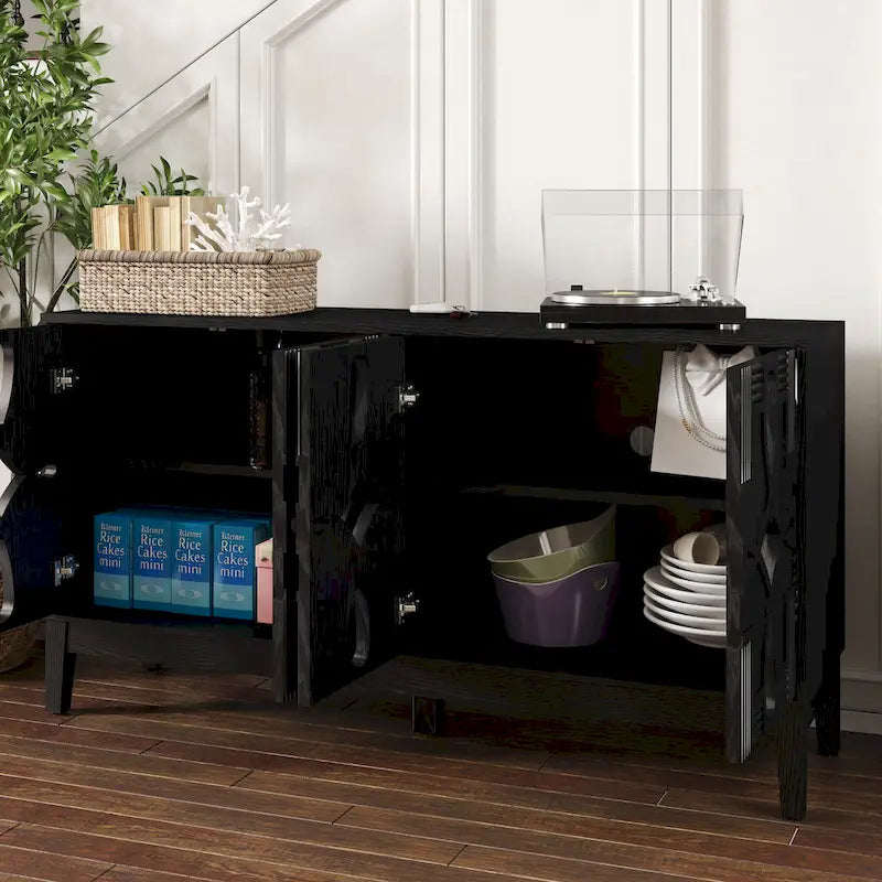 Hollow-Carved Accent Cabinet Sideboard Buffet Cabinet, 60.5  Entrance Storage Cabinet Media Console Table with 4 Doors