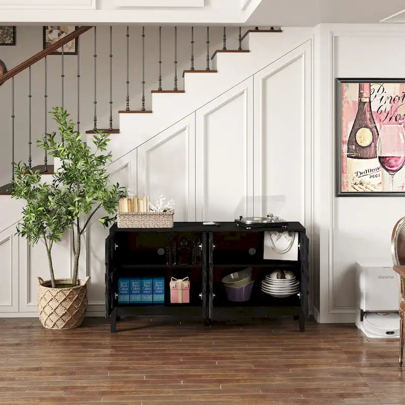 Hollow-Carved Accent Cabinet Sideboard Buffet Cabinet, 60.5  Entrance Storage Cabinet Media Console Table with 4 Doors