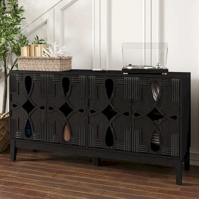 Hollow-Carved Accent Cabinet Sideboard Buffet Cabinet, 60.5  Entrance Storage Cabinet Media Console Table with 4 Doors