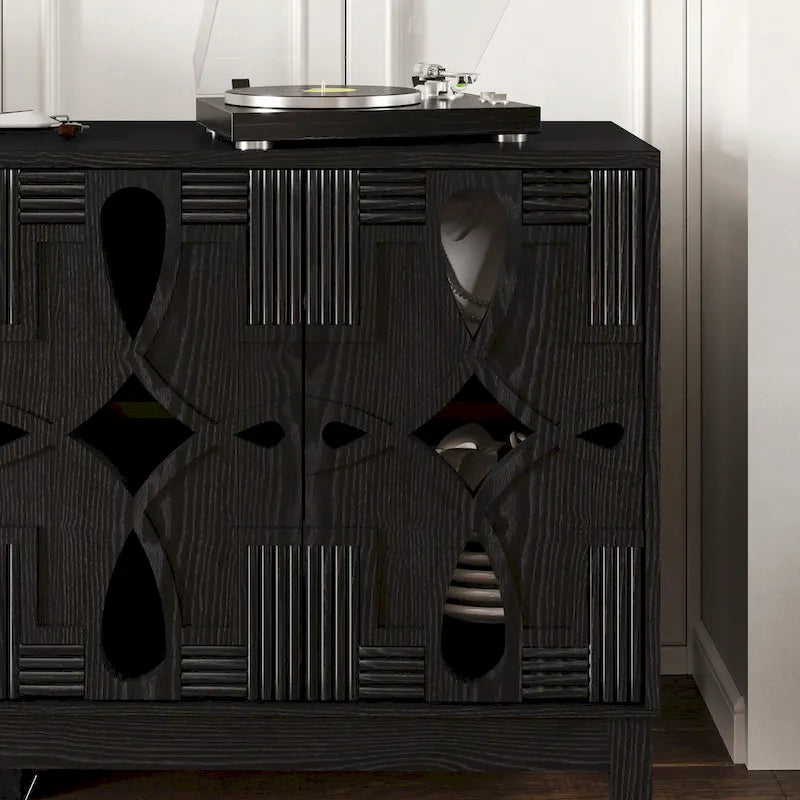 Hollow-Carved Accent Cabinet Sideboard Buffet Cabinet, 60.5  Entrance Storage Cabinet Media Console Table with 4 Doors