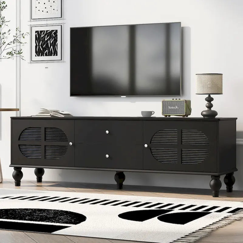 Modern Minimalist TV Stand with 2 Storage Cabinets, 2 Drawer and Cable Management for Living Room Bedroom